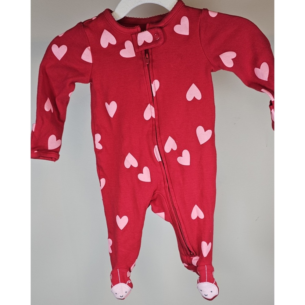 Carter Baby Red Heart Valentines Footed Outfit W/Smiley Face Feet Sz. 3 Months
